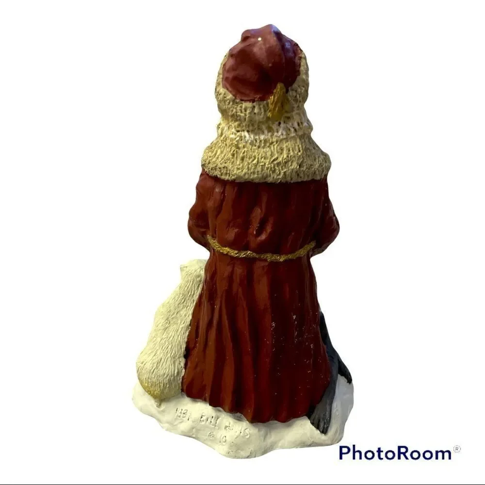 Vintage Hand painted and signed Santa & Polar bear, Bill Davis 1997 Pecan Resin